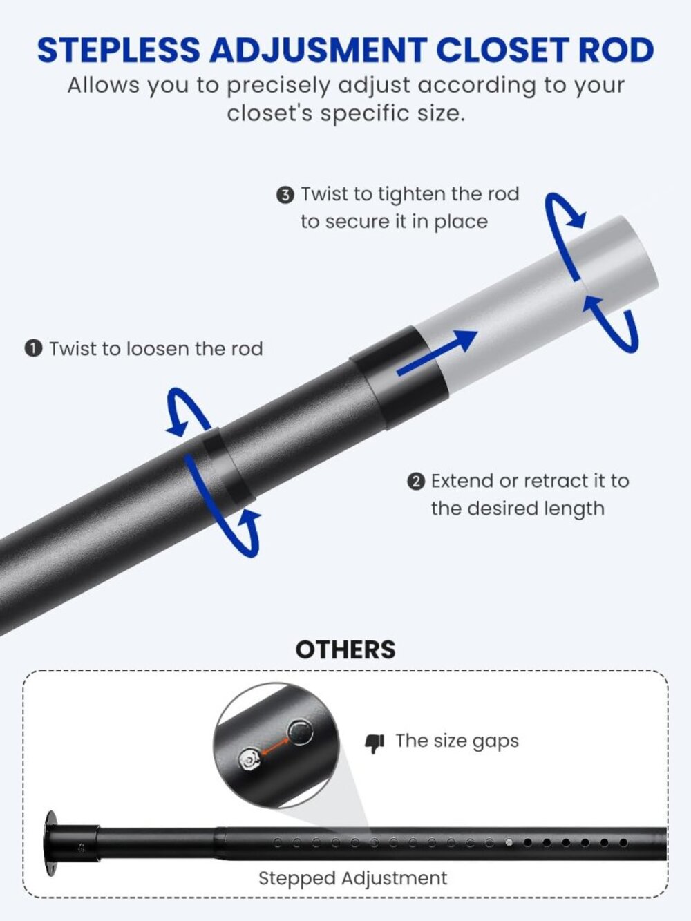Closet Rods for Hanging Clothes, 17 to 84 Inches Stepless Adjustable Metal Close - Picture 2 of 9